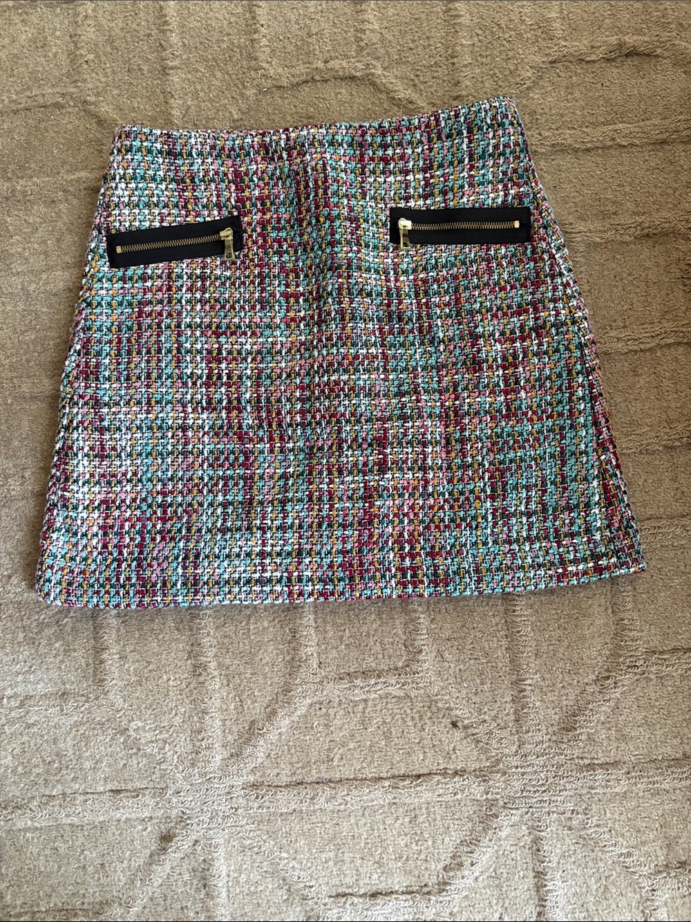 Multicolor Tweed Mini Skirt with Zip Pocket Detail